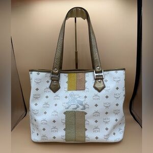 MCM White Visetos Princess Lion Coated Canvas Leather Trim Tote Bag with Pouch